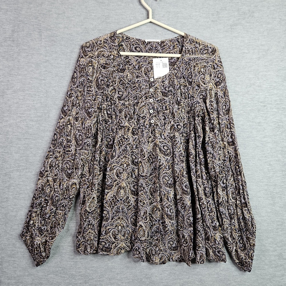 Promod Women Paisley Blouse Long Sleeve Boho Peasant Top Brown Yellow Sz 10 NEW